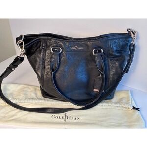 Cole Haan Black Pebbled Leather Satchel Crossbody Bag Blue Lining Braided Handle